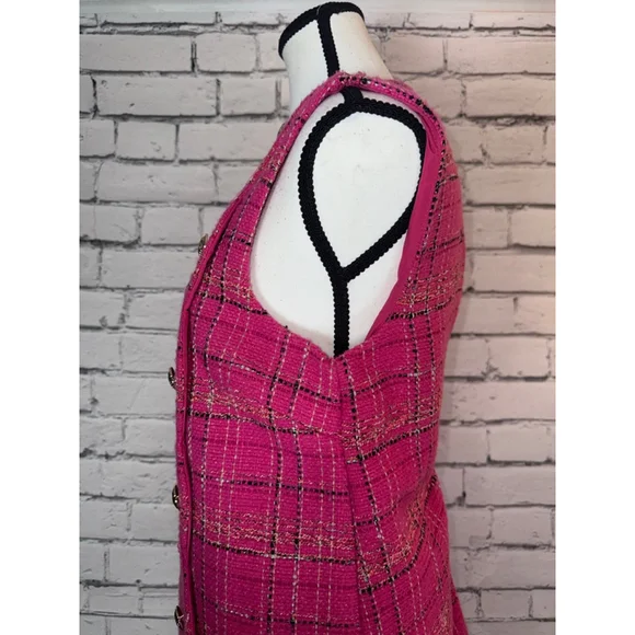 Entro Pink Plaid Tweed Scalloped Mini Dress 1990’s Y2K Gold Buttons size Large - Picture 6 of 10